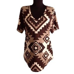 LuLaRoe S Iris Tunic Top Tee Shirt Brown Geometric Hi-Low